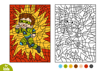 Cute cartoon Superhero boy. Color by number, education game for kids