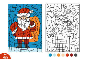 Color by number, education game for kids, Cartoon Santa Claus and Gifts Bag
