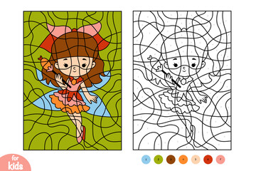 Color by number, education game for kids, Cute cartoon character Fairy girl
