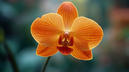 A close up photograph of an orange colored orchid flower