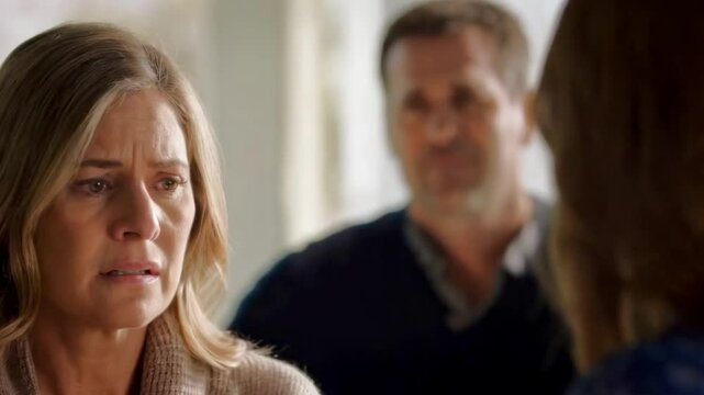 portrait of stressed woman and her husband on background, argument, dysfunctional relationships
