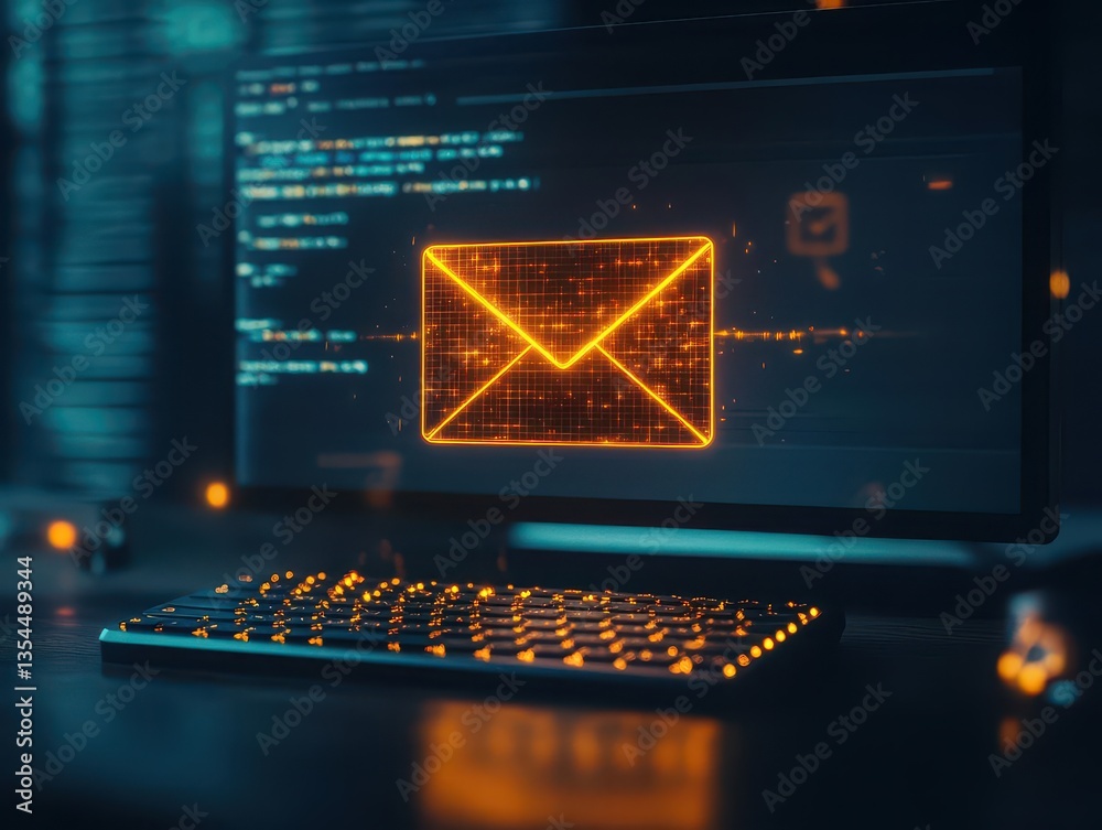 Poster An image of a glowing email envelope in the center of the monitor above the keyboard