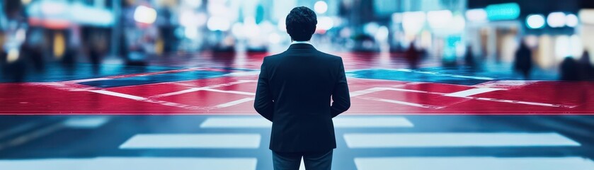 An image of a businessperson standing at a crossroads, with multiple paths leading to different outcomes, illustrating the choices and risks involved in decisionmaking