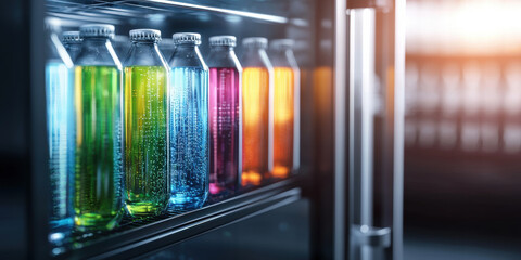 Colorful beverage bottles modern glass fridge, showcasing vibrant drinks and refreshing options