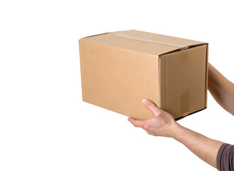 Close-up of a cardboard parcel box held in hand isolated on white transparent background PNG cutout for shipping and delivery designs