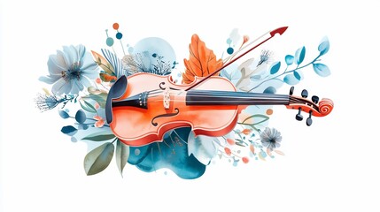 Floral Symphony: A Watercolor Violin Amidst Blossoming Elegance and Artistic Flair