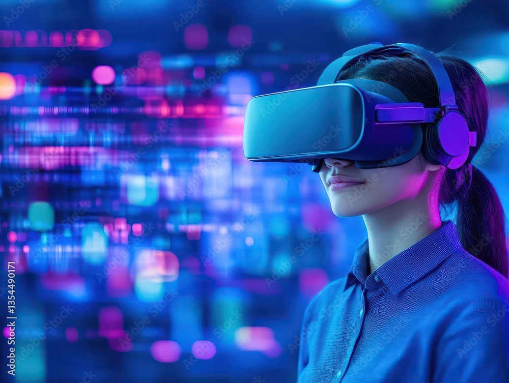 Poster An individual is wearing a virtual reality headset indoors, likely in a futuristic workspace or tech environment, indicating immersion in virtual experiences