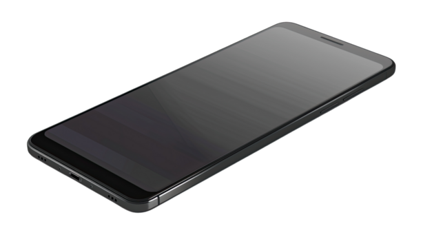 Modern Smartphone Close-up: A sleek, black smartphone lies on a surface, its darkened screen reflecting the surrounding light.