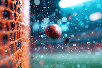 Dynamic close-up of a football entering the goal net amidst water droplets