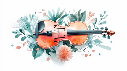 Watercolor Symphony: A Delicate Violin Amidst Floral Elegance Artwork