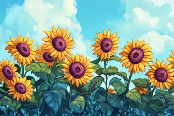 Obraz premium A vibrant illustration of sunflowers under a bright blue sky with fluffy white clouds above them