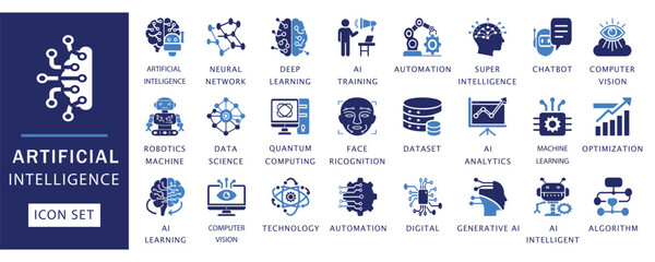 AI icon set. Featuring artificial intelligence, machine learning, automation, neural network, robotics, quantum computing, and more. Perfect for digital, tech, and futuristic designs.