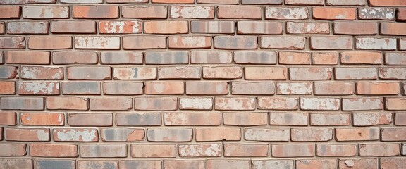 Fototapeta premium Rough, distressed brick wall with peeling paint, revealing layers of texture, urban, peeling paint