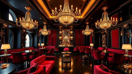 Fototapeta premium Elegant interior design of a luxurious restaurant with chandeliers 