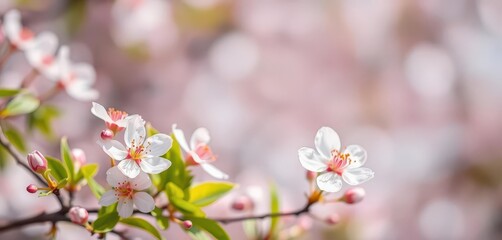 Fototapeta premium Soft pastel blossoms, delicate leaves, blurred bokeh background, design element, pastel flowers, art