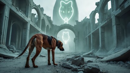 A majestic dog stands in a dilapidated, foggy landscape with ethereal feline silhouettes glowing above in a surreal environment