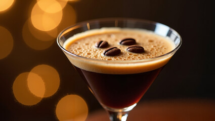 Espresso martini with coffee beans against a blurred background  
