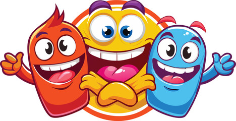 Three Happy Cartoon Characters in Vibrant Colors