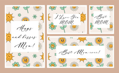 Mother's Day vintage cards. Cheerful cartoon characters with flowers. Set of cards in trendy retro style. Hippie style of the 60s, 70s.