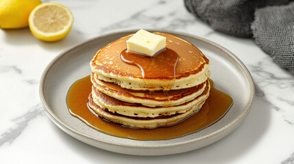 Delicious pancakes stacked high, drizzled with syrup and topped with butter, perfect for breakfast or brunch