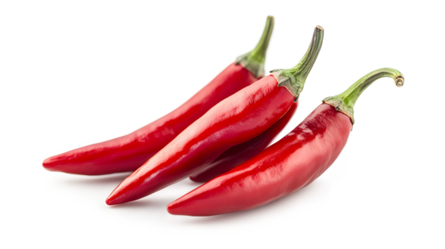 Three red peppers are shown in a row
