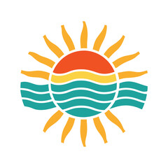 Obraz premium Vibrant sun and water graphic, perfect for summer designs. . Vector retro for greeting card, banner, poster,&nbsp;t-shirt