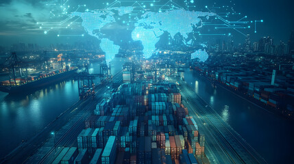 Global Shipping and Logistics at Sunset with Digital World Map Overlay
