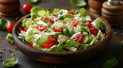 Fresh lettuce, cherry tomato, and parmesan salad in wooden bowl.