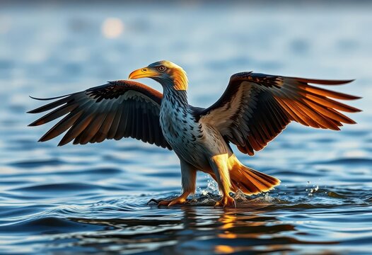 A bird in a spread-eagle pose with wings outstretched, fishing on water, animal, talon