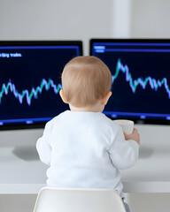 Infant seated at desk facing dual monitors displaying stock market graphs