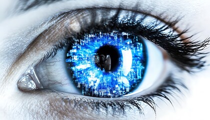 A close up view of a digital futuristic human eye