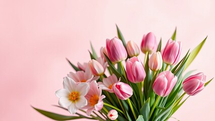 Naklejka premium Fresh tulips and flowers in a vibrant pink background 