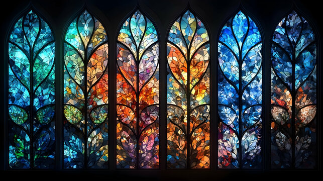 Colorful Stained Glass Church Window Depicting Autumn Trees