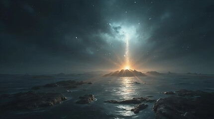 Radiant Beam Over Ocean Horizon - Generate AI