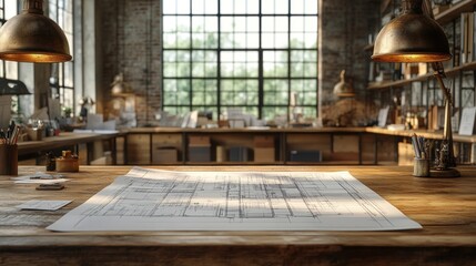 Architectural Design Studio: Blueprint on Wooden Desk in Industrial Loft