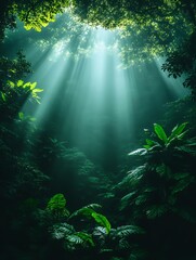 Rays of Light Shining Through Lush Green Jungle Canopy