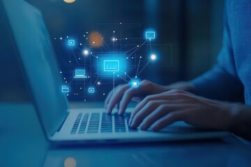 Animation of connections with icons over hands of caucasian man using laptop