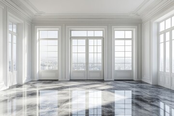 Fototapeta premium Bright room showcases architectural molding with marble floor finish