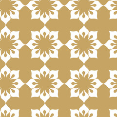 Abstract geometric pattern with squares, crosses, stripes, lines. Seamless vector background. White and gold ornament. Modern reticulated graphic design.