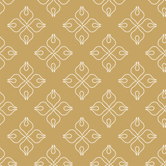 Abstract geometric pattern with squares, crosses, stripes, lines. Seamless vector background. White and gold ornament. Modern reticulated graphic design.