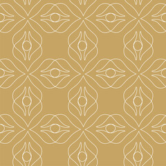 Abstract geometric pattern with squares, crosses, stripes, lines. Seamless vector background. White and gold ornament. Modern reticulated graphic design.