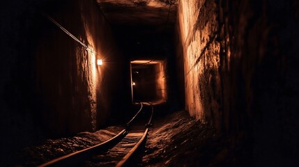 Naklejka premium Underground tunnel with railway tracks and ambient lighting