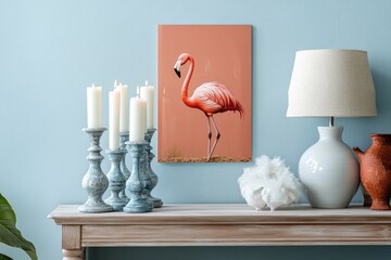 Coastal living room, featuring a flamingo print, candles, and decorative accents