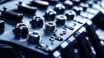 Naklejka premium Close up of mechanical parts on a workbench in a workshop setting