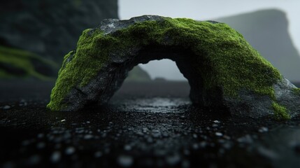 Fototapeta premium Moss-covered arch over black sand beach