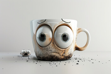 Sad cartoon coffee mug with spilled coffee and depressed face. illustration symbolizes fatigue, stress, and struggles of rough morning for sticker, print, meme