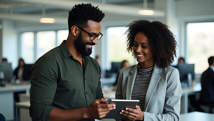 Candid Office Discussion with Tablet in Modern Workspace