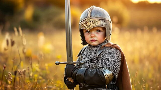 Young child dressed as a knight in armor holding a sword in outdoor field during daylight