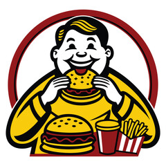 Overeating Icon Logo Hungry Character with Lots of Food
