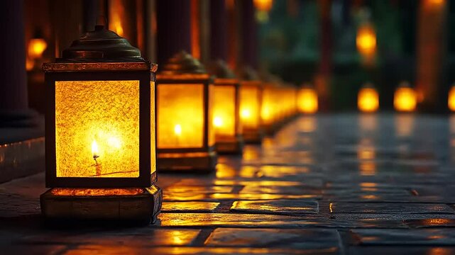 Illuminated Pathway: A Serene Night Scene with Glowing Lanterns